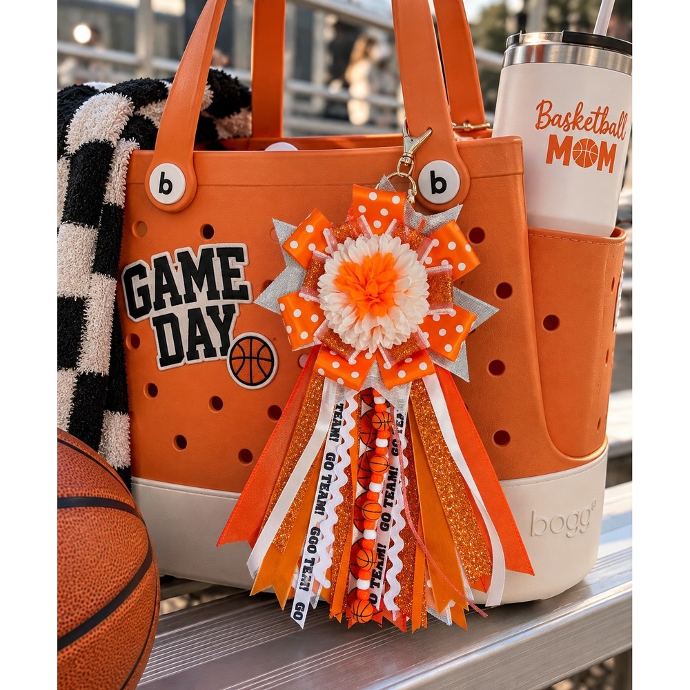 Basketball Ribbon Keychain Orange White Bag Charm Go Team Spirit Accessory